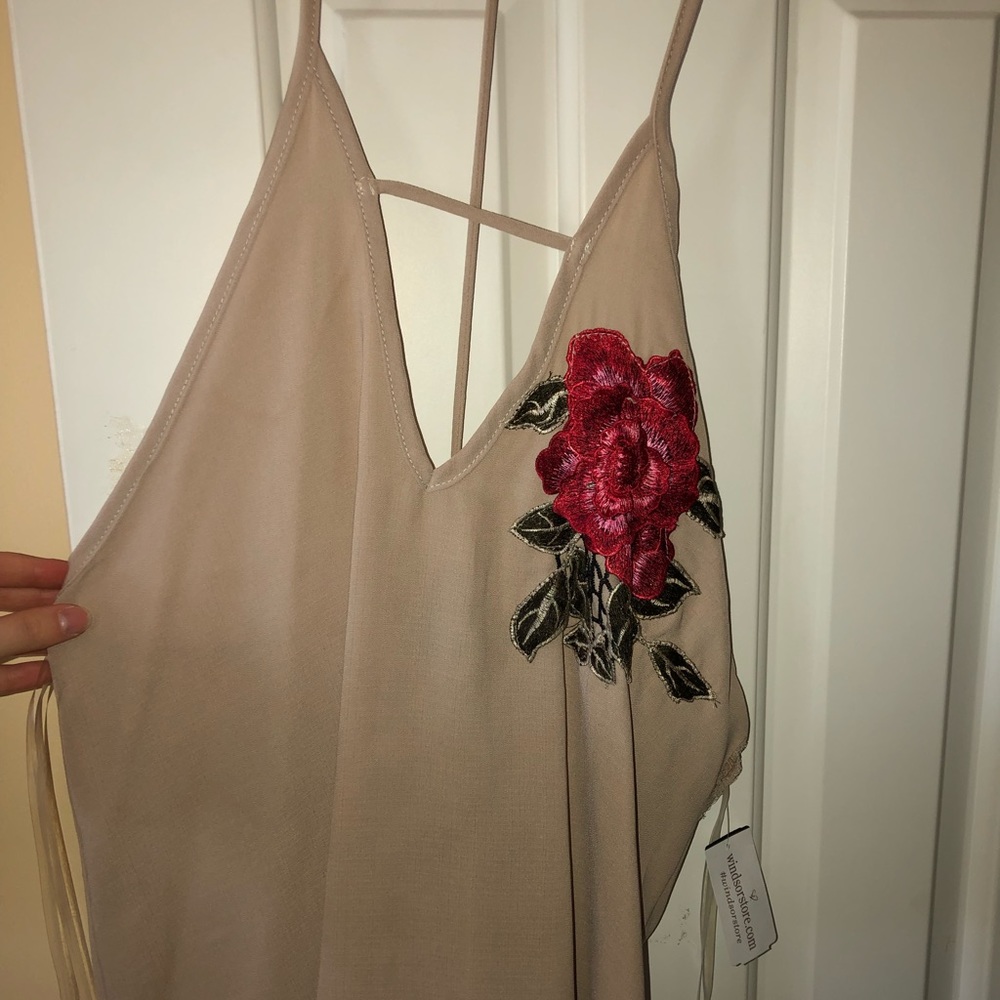 Tan tank top with floral embroidery